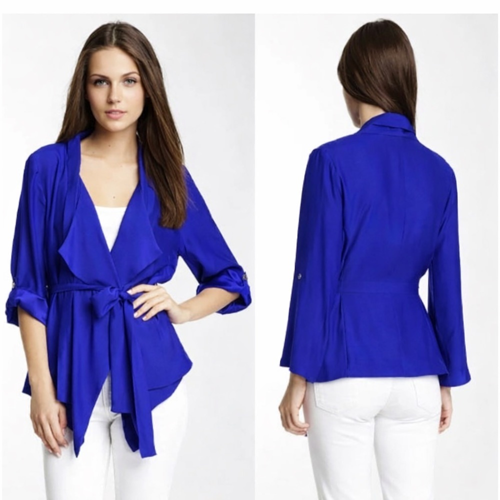 Yumi Kim size S Blue Claudia 100% Silk Draped Belted Jacket